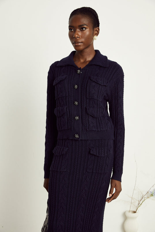 Jolanda Navy Blue Knit Matching Set Jacket Skirt Bead-Embellished Buttons Lapels Long Sleeves Front Flap Pockets Calf-Length Allure Slip-On Style 55% Polyamide 26% Wool 15% Viscose 6% Lyocell