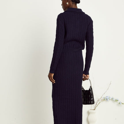 Jolanda Navy Blue Knit Matching Set with Bead-Embellished Buttons and Lapels