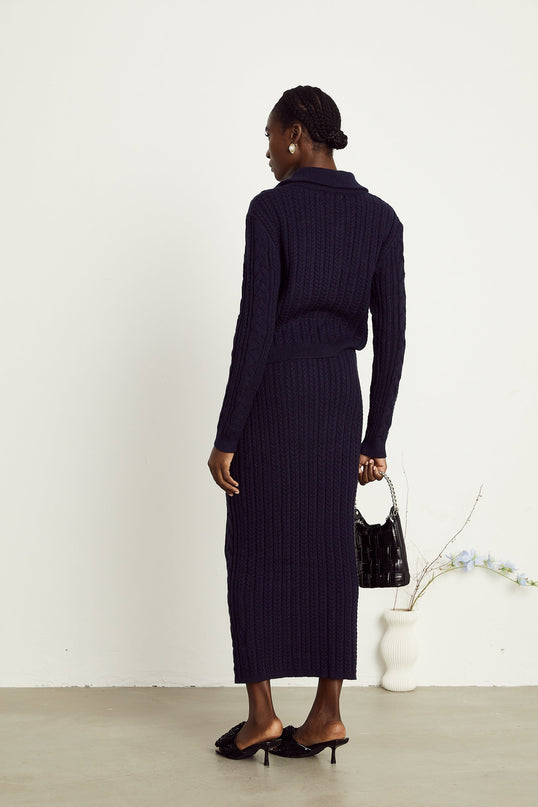 Jolanda Navy Blue Knit Matching Set with Bead-Embellished Buttons and Lapels