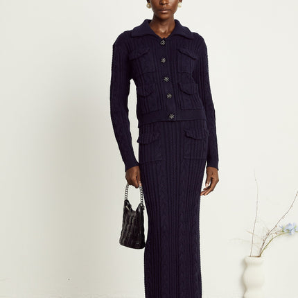 Jolanda Navy Blue Knit Matching Set Jacket Skirt Bead Embellished Buttons Lapels