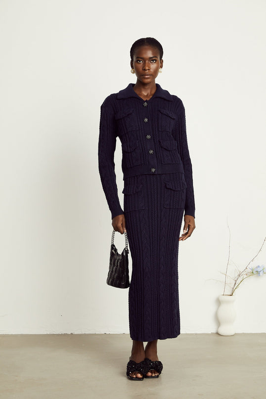 Jolanda Navy Blue Knit Matching Set Jacket Skirt Bead Embellished Buttons Lapels