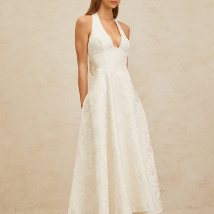 Jolanda White Floral Jacquard Halterneck Midi Dress with Open Back and Self-Tie Detail