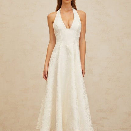 Jolanda White Floral Jacquard Midi Dress with Halterneck Design and Open Back