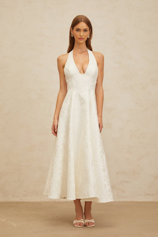 Jolanda White Floral Jacquard Midi Dress with Halterneck Design and Open Back