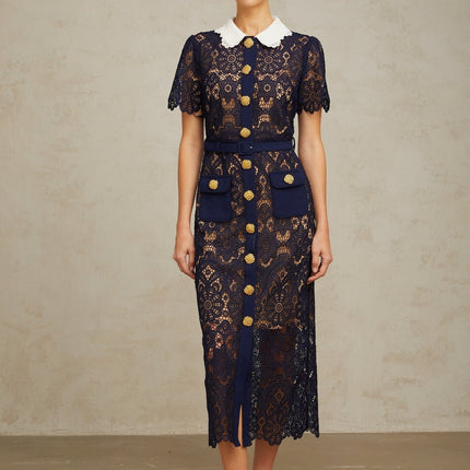 Jordan Blue Crochet Lace Midi Dress with Floral Appliqué and Gold-Tone Buttons