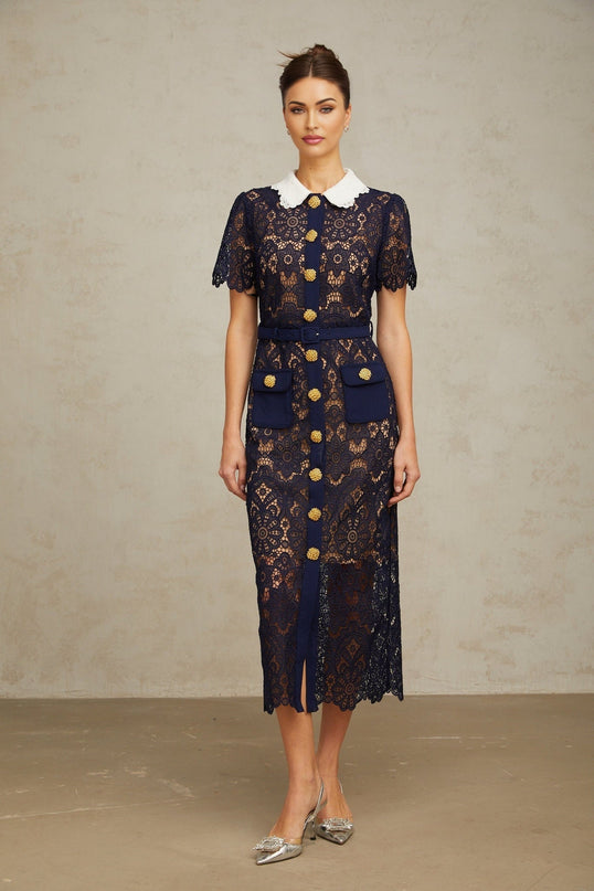 Jordan Blue Crochet Lace Midi Dress with Floral Appliqué and Gold-Tone Buttons