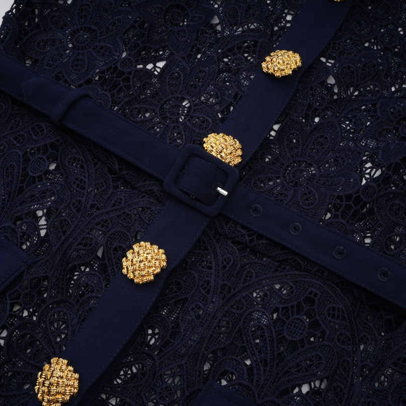 Jordan Blue Crochet Lace Midi Dress with Floral Appliqué and Gold-Tone Buttons