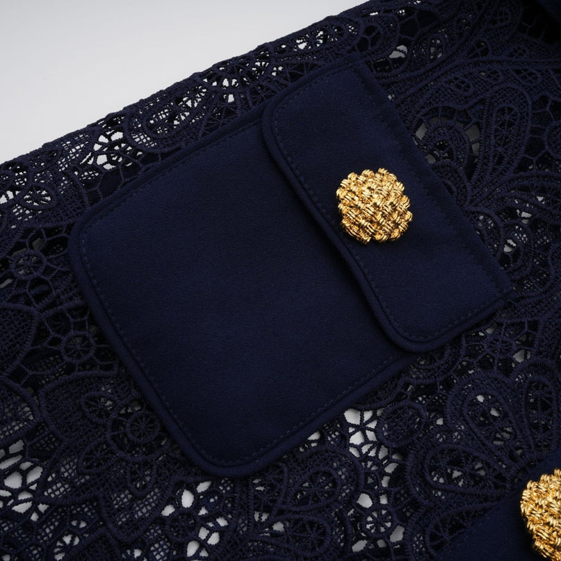 Jordan Blue Crochet Lace Midi Dress with Floral Appliqué and Gold Buttons