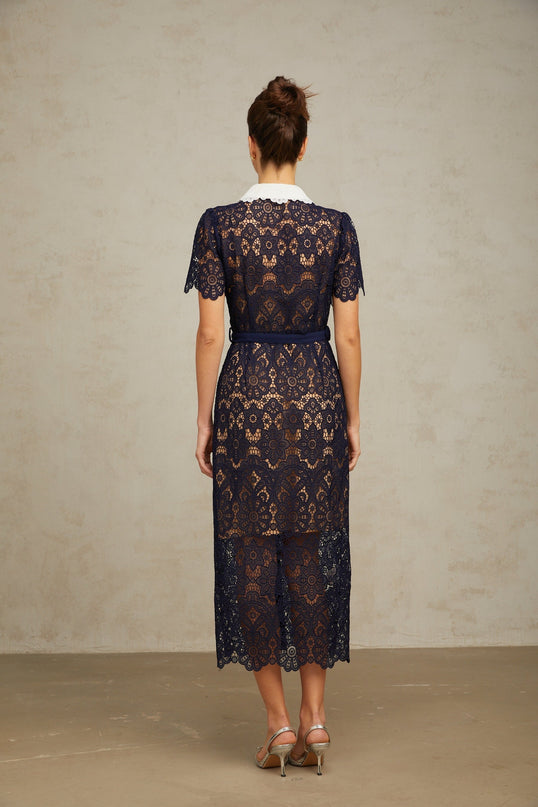 Jordan Blue Crochet Lace Midi Dress with Floral Appliqué and Gold-Tone Buttons
