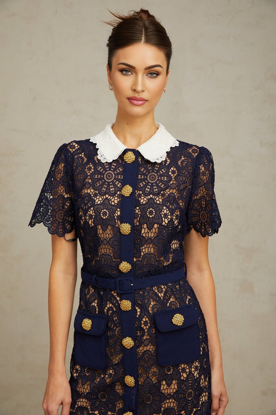 Jordan Blue Crochet Lace Midi Dress with Floral Appliqué and Gold-tone Buttons