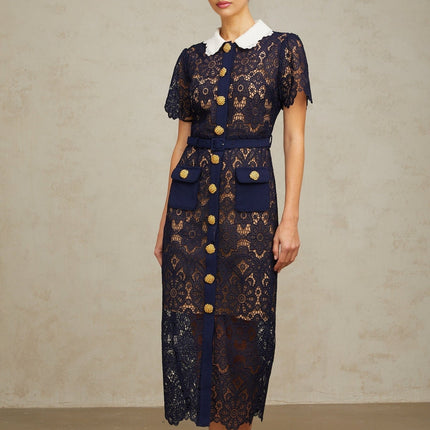 Jordan Blue Crochet Lace Midi Dress with Floral Appliqué and Gold-Tone Buttons