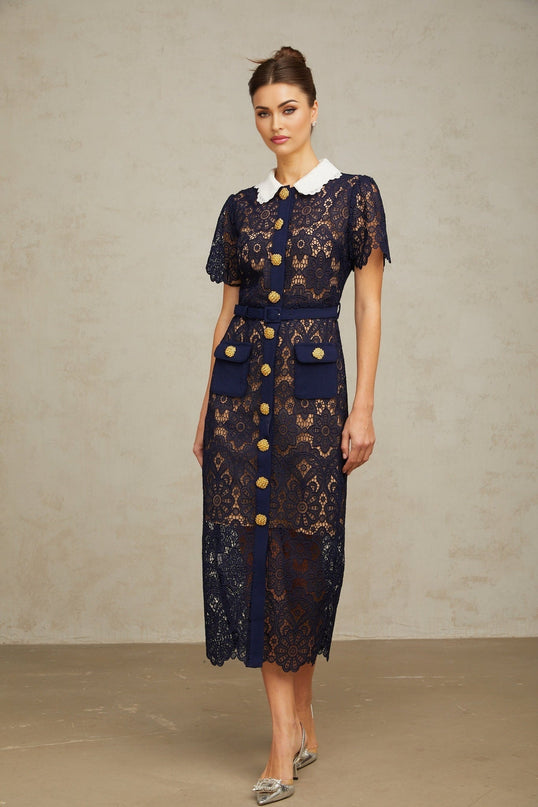 Jordan Blue Crochet Lace Midi Dress with Floral Appliqué and Gold-Tone Buttons
