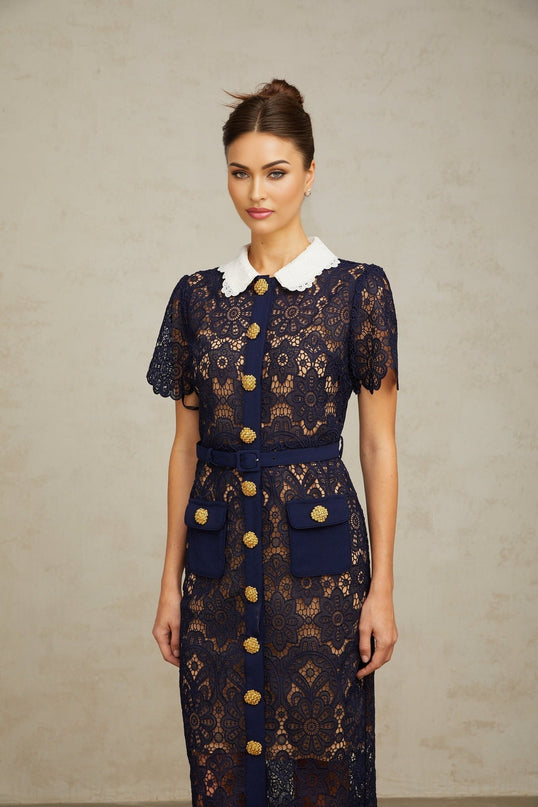Jordan Midi Dress Dark Blue Crochet Lace Floral Appliqué Belted Waist Scalloped Hem Gold-tone Buttons Flap Pockets Calf-length Internal Slip Openwork Design Terylene Fiber