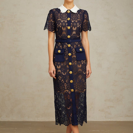 Jordan Midi Dress in Dark Blue and White Crochet Lace with Floral Appliqué and Gold-Tone Buttons