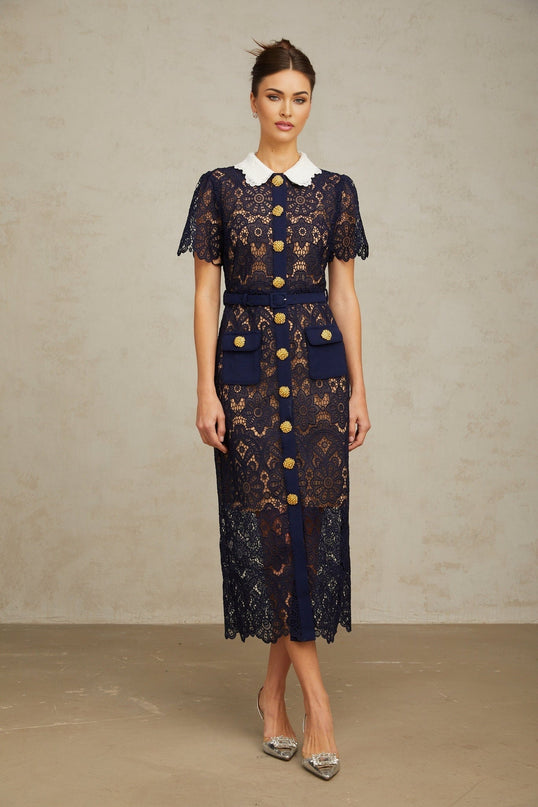 Jordan Midi Dress in Dark Blue and White Crochet Lace with Floral Appliqué and Gold-Tone Buttons