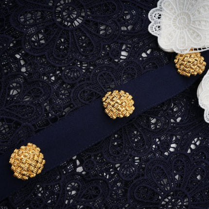 Jordan Midi Dress in Dark Blue and White Crochet Lace with Floral Appliqué and Gold-Tone Buttons