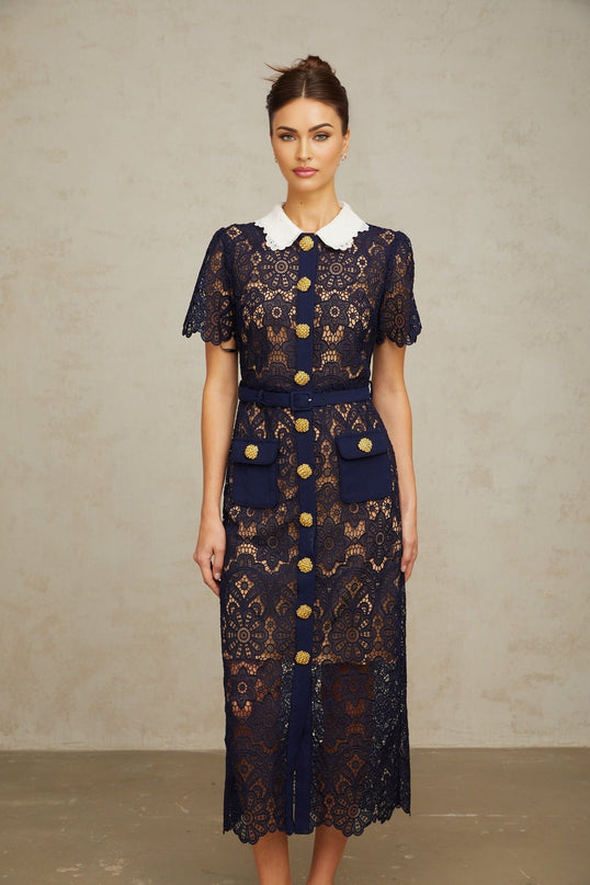 Jordan Midi Dress in Dark Blue and White Crochet Lace with Floral Appliqué and Gold-Tone Buttons