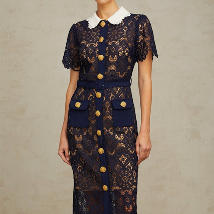 Jordan Midi Dress in Dark Blue and White Crochet Lace with Floral Appliqué and Gold-Tone Buttons