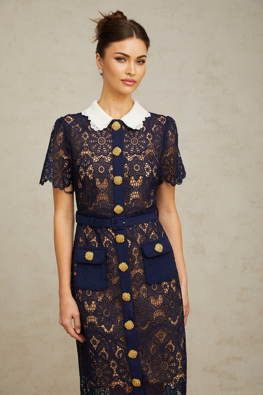 Jordan Midi Dress in Dark Blue and White Crochet Lace with Floral Appliqué and Gold-Tone Buttons
