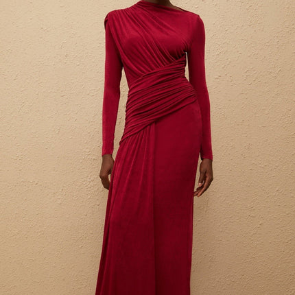 Jordan Red Maxi Dress with Bateau Neck and Ruched Detailing