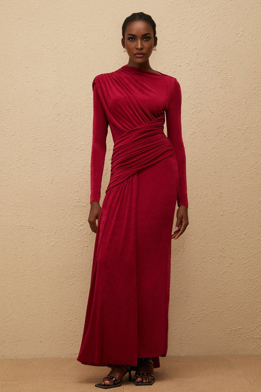 Jordan Red Maxi Dress with Bateau Neck and Ruched Detailing