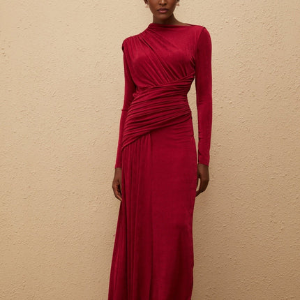 Jordan Red Maxi Dress with Bateau Neck and Long Sleeves