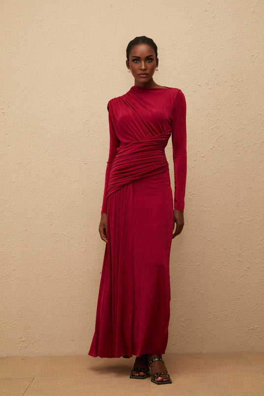 Jordan Red Maxi Dress with Bateau Neck and Long Sleeves