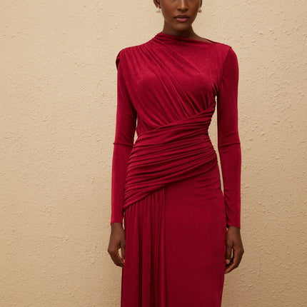 Jordan Red Maxi Dress with Bateau Neck and Long Sleeves