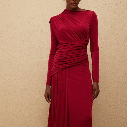 Jordan Red Maxi Dress with Bateau Neck and Ruched Detailing