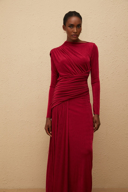 Jordan Red Maxi Dress with Bateau Neck and Ruched Detailing