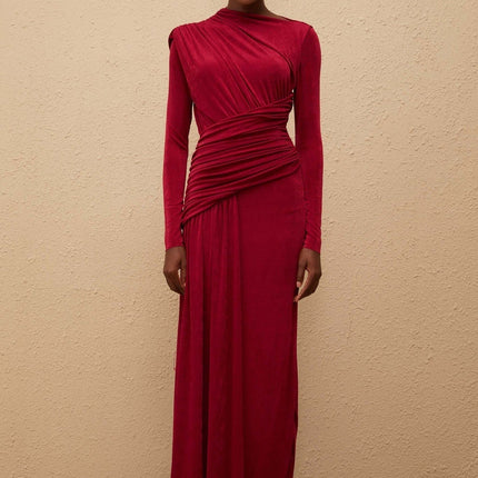 Jordan Red Maxi Dress with Bateau Neck and Long Sleeves