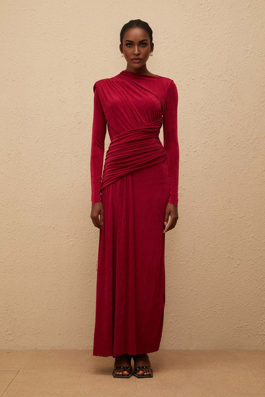 Jordan Red Maxi Dress with Bateau Neck and Long Sleeves