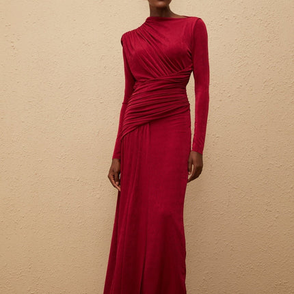 Jordan Red Maxi Dress with Bateau Neck and Long Sleeves