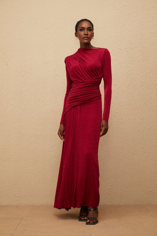 Jordan Red Maxi Dress with Bateau Neck and Long Sleeves