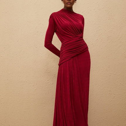 Jordan Red Maxi Dress with Bateau Neck and Long Sleeves