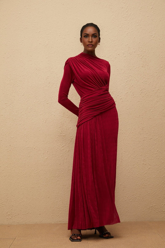 Jordan Red Maxi Dress with Bateau Neck and Long Sleeves