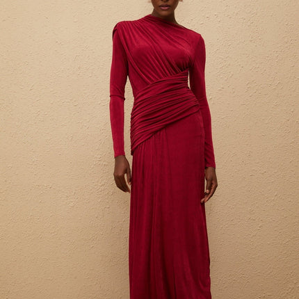 Jordan Red Maxi Dress with Bateau Neck and Long Sleeves