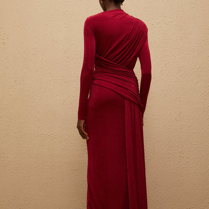 Jordan Red Maxi Dress with Bateau Neck and Long Sleeves in Luxurious Stretch Fabric