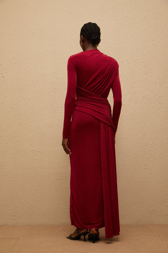 Jordan Red Maxi Dress with Bateau Neck and Long Sleeves in Luxurious Stretch Fabric