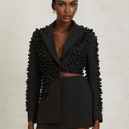 Joséphine Black Faux Pearl Blazer and Skirt Set in American English