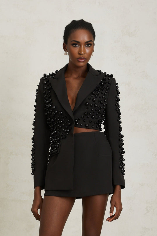 Joséphine Black Faux Pearl Blazer and Skirt Set in American English