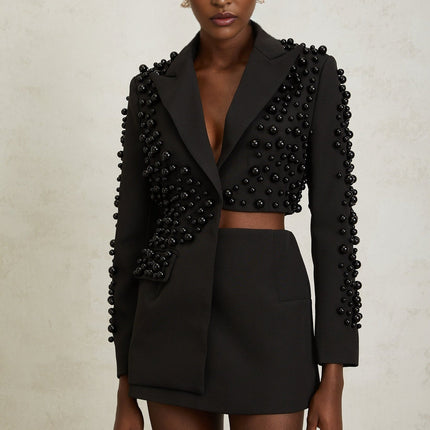 Joséphine Black Faux Pearl Blazer and Skirt Set Terylene Fiber Elegant Sophisticated Glamorous Modern Secure Fit High-Rise Waist Straight Hem Women's Fashion