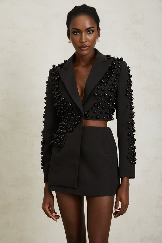 Joséphine Black Faux Pearl Blazer and Skirt Set Terylene Fiber Elegant Sophisticated Glamorous Modern Secure Fit High-Rise Waist Straight Hem Women's Fashion