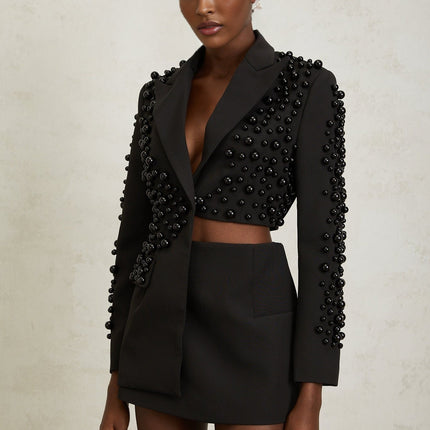 Joséphine Black Faux Pearl Blazer Skirt Set Terylene Fiber Peak Lapels Asymmetrical Hem Press-Stud Fastening High-Rise Waist Straight Hem Glamour Style Sophistication Elegance Modern Twist