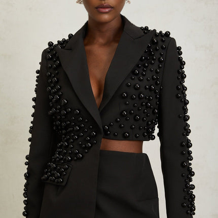 Joséphine Black Faux Pearl Blazer Skirt Set Terylene Fiber Women's Suit