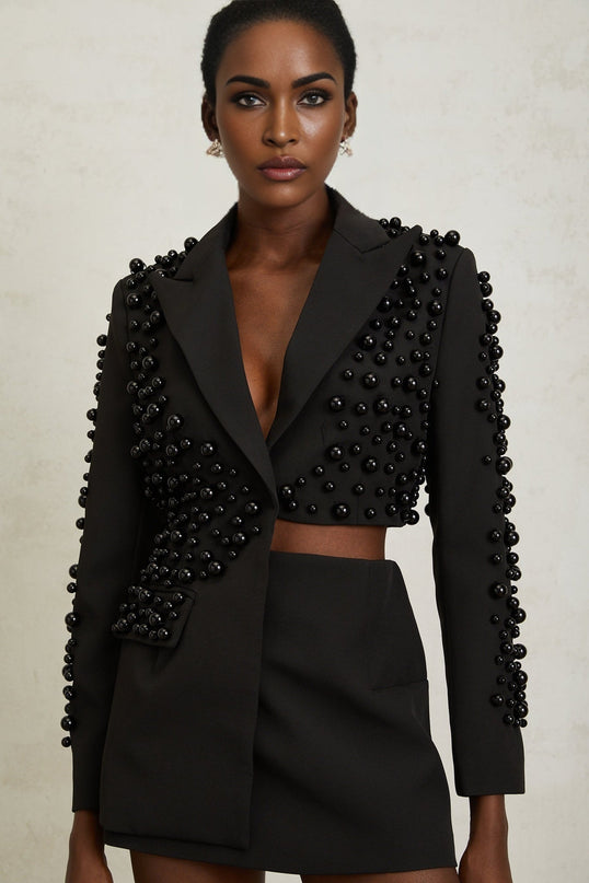 Joséphine Black Faux Pearl Blazer Skirt Set Terylene Fiber Women's Suit