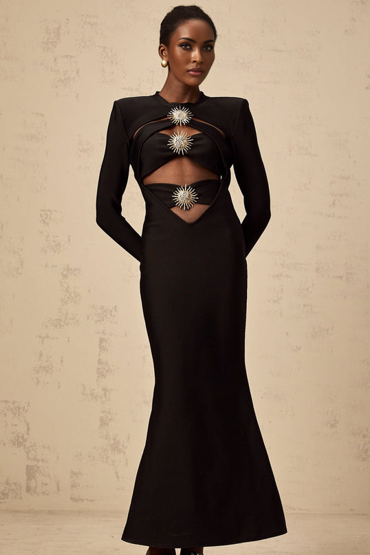 Josephine Black Mermaid Hem Midi Dress with Cut-Out Open Back and Gold-Tone Hardware Detailing