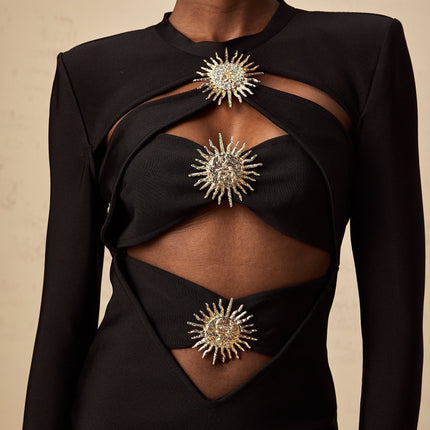 Josephine Black Mermaid Hem Midi Dress with Cut-Out Open Back and Gold-Tone Hardware Detailing
