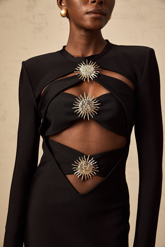 Josephine Black Mermaid Hem Midi Dress with Cut-Out Open Back and Gold-Tone Hardware Detailing