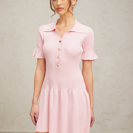 Josephine Pink Mini Dress with Flared Cuffs and Ruched Design